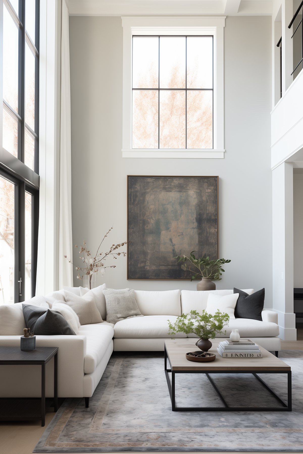 A spacious living room painted with Sherwin Williams City Loft, featuring tall windows, a white sectional sofa, dark framed art, and a modern coffee table.