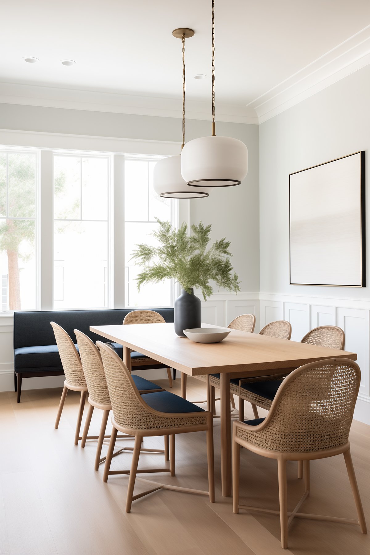 dining room with wooden table and chairs, pendant lights and walls painted Sherwin Williams Drift of Mist.