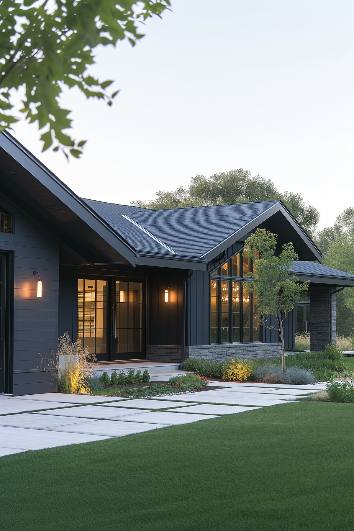 All black ranch with Sherwin Wiliams Iron Ore siding.