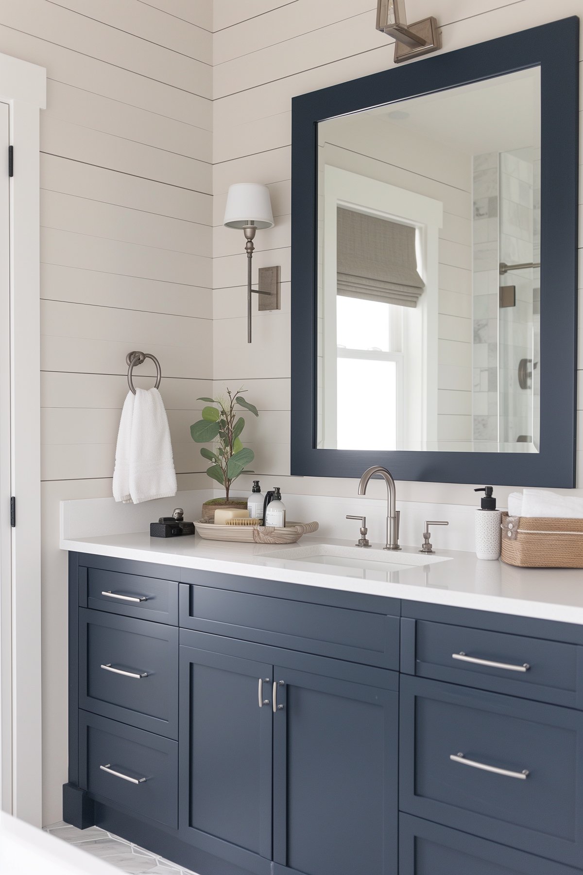 Modern bathroom with vanity and mirror painted Sherwin Williams Naval. The walls have off-white shiplap.