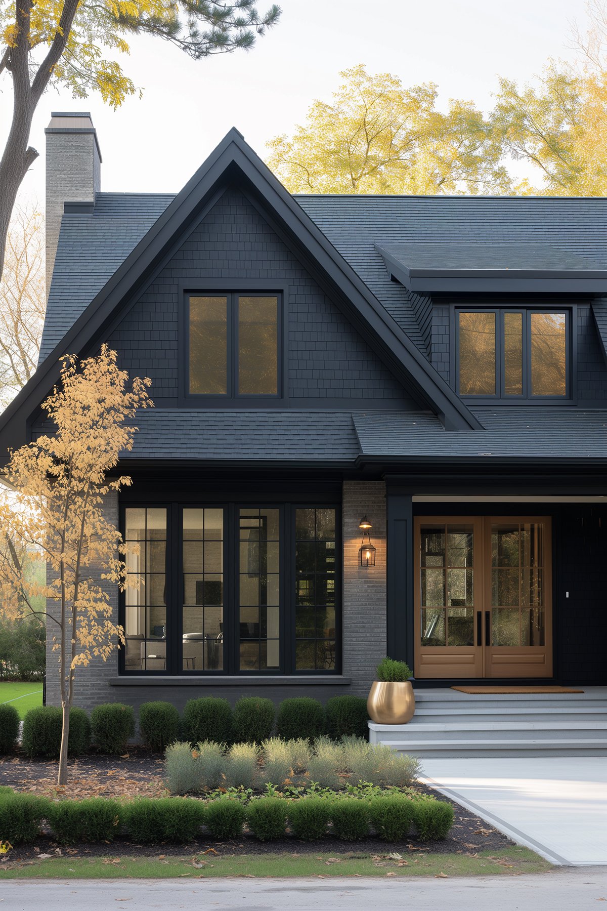 Modern house with black roof and Sherwin Williams Tricorn Black siding, dark gray brick, black windows and a wooden front door.