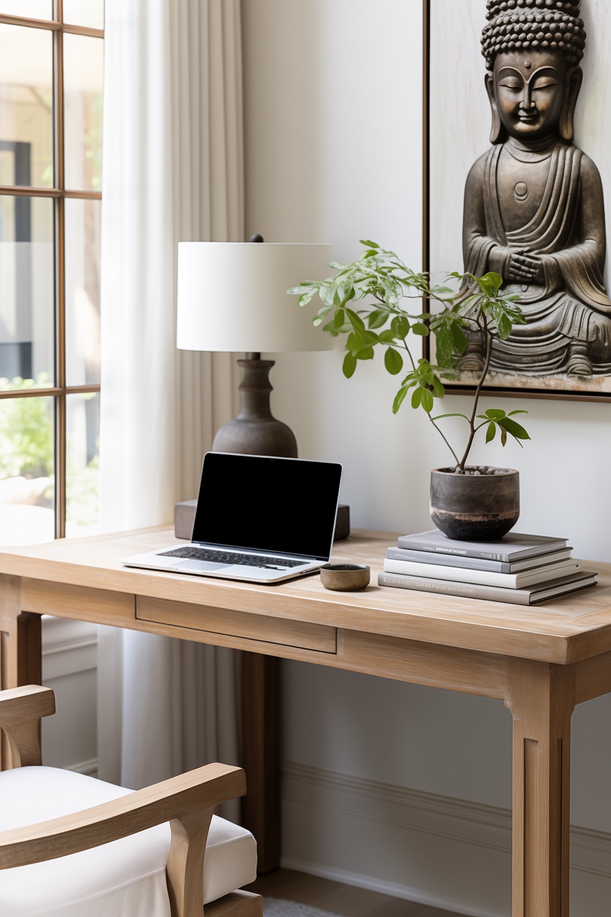 Zen-styled office with Buddha art, wooden desk, lamp, plant, and cream chair.