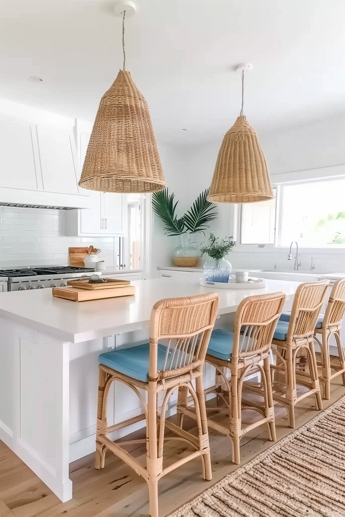 white kitchen with rattan pendant lights over the island and rattan and blue barstools.