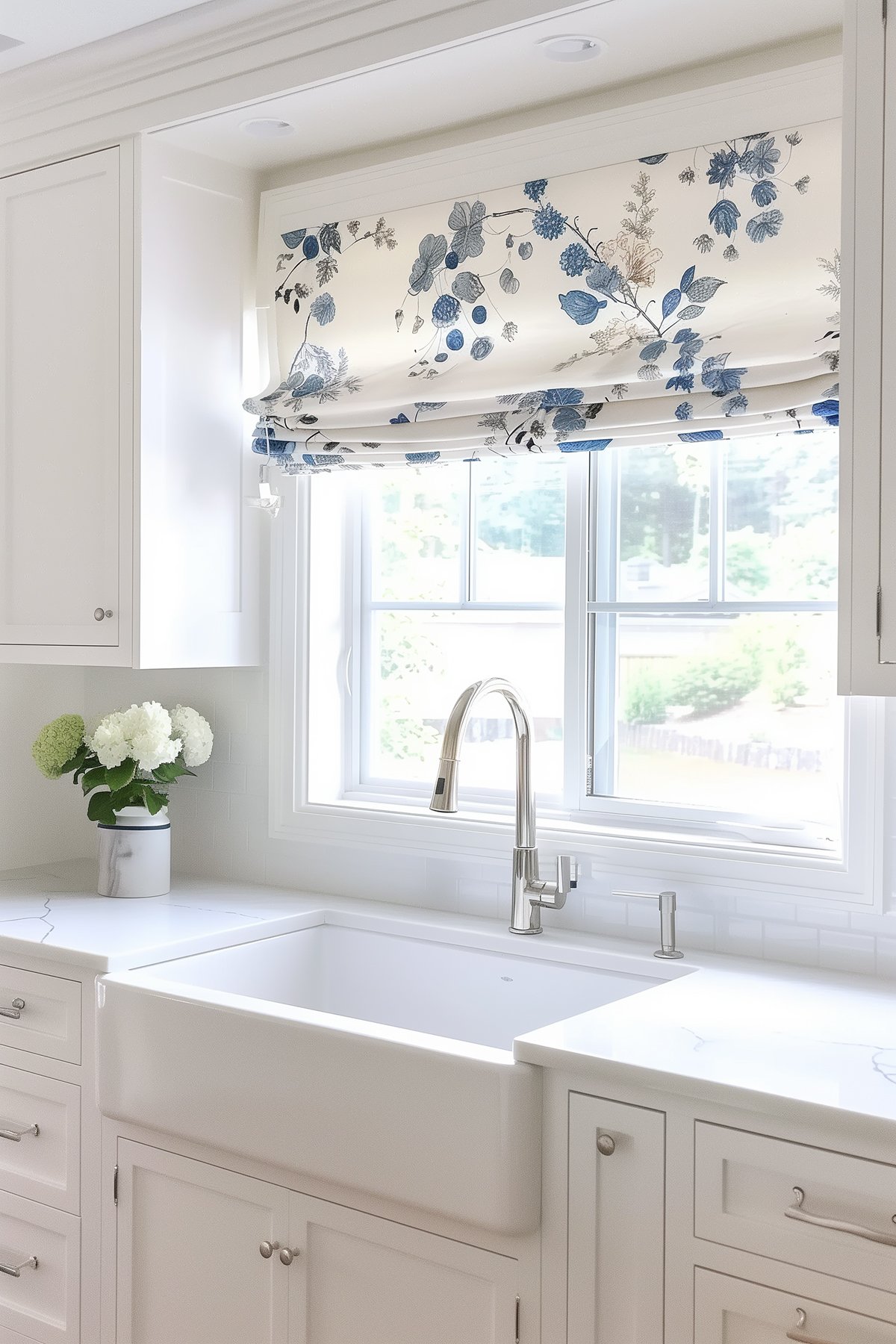 white kitchen with a blue floral print shade over the sink.