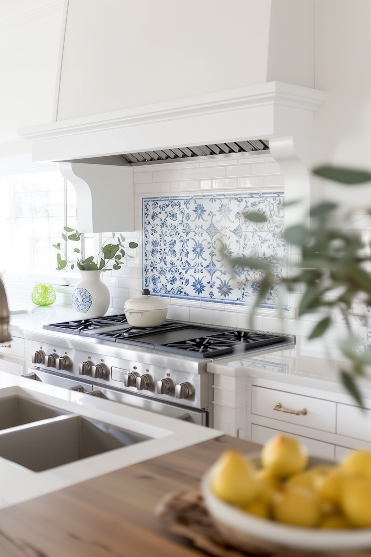 all white kitchen with white subway tile backsplash and blue Moroccan style tile inlay behind the range.
