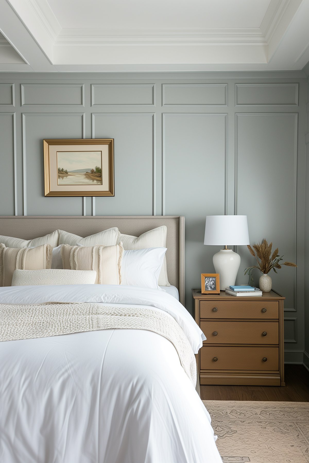 Bedroom with picture frame molding painted Benjamin Moore Boothbay Gray. There's a wood nightstand and beige upholstered bed.