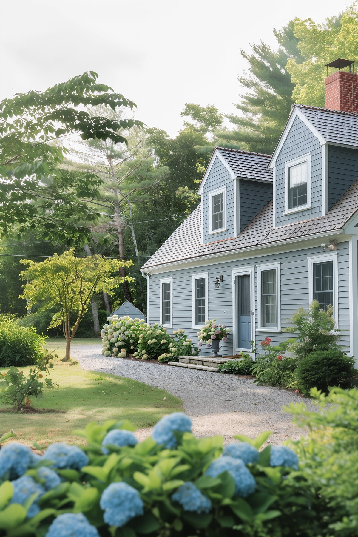 Classic dormered Cape Cod style house painted Benjamin Moore Boothbay Gray.
