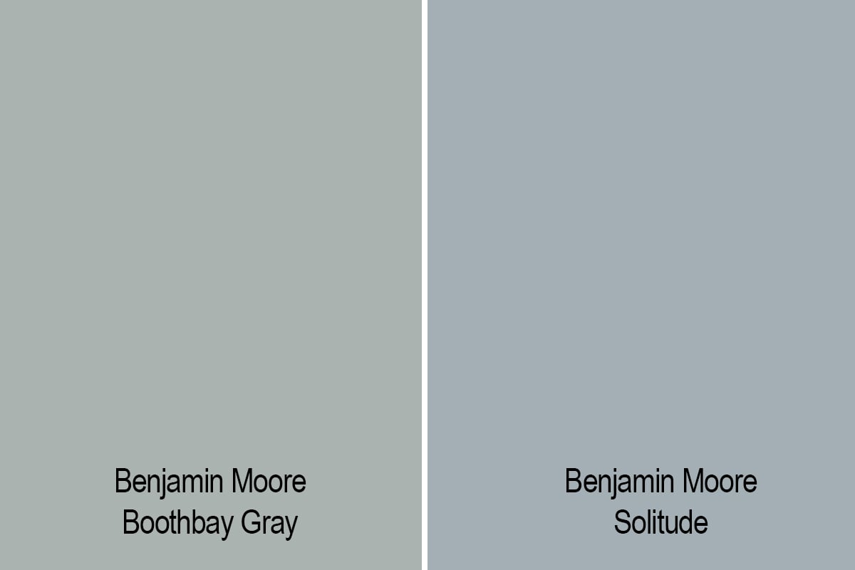 side by side comparison swatch of Benjamin Moore Boothbay Gray vs Benjamin Moore Solitude.