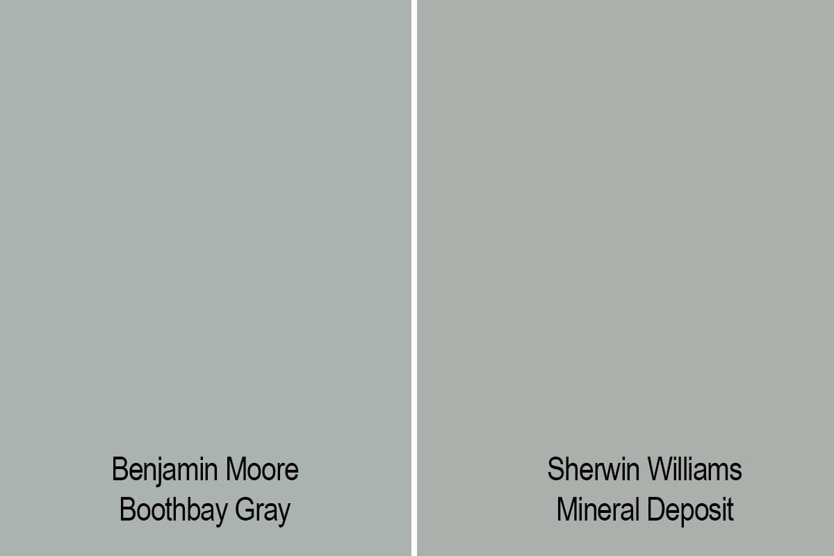 side by side swatch of BM Boothbay Gray and SW Mineral Deposit.