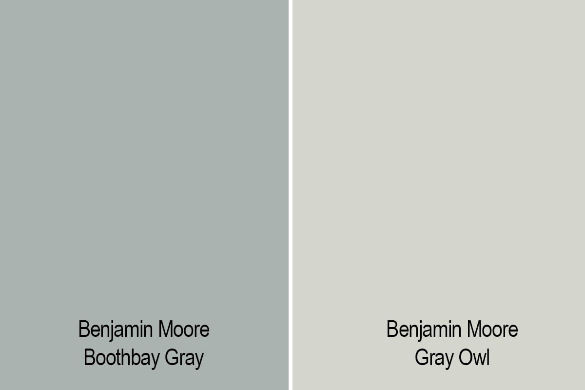 side by side swatch of Benjamin Moore Boothbay Gray versus Gray Owl.