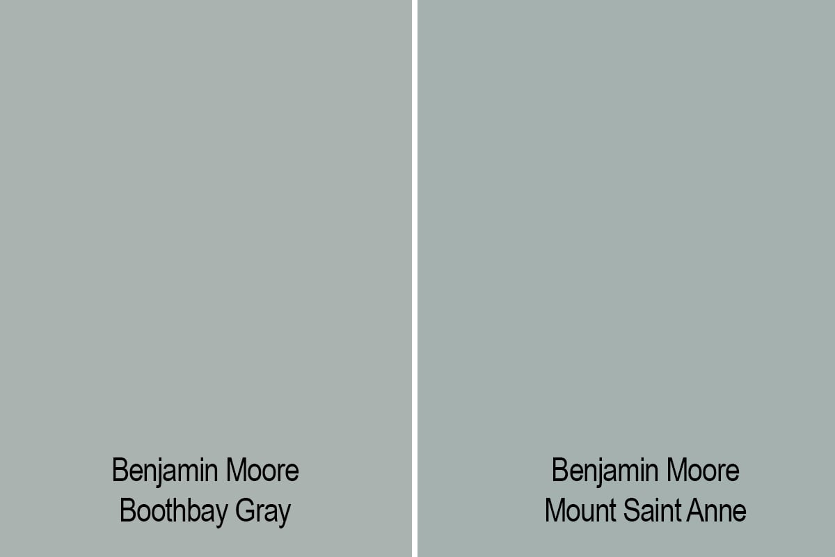 side by side swatch of Benjamin Moore Boothbay Gray versus Mount Saint Anne.