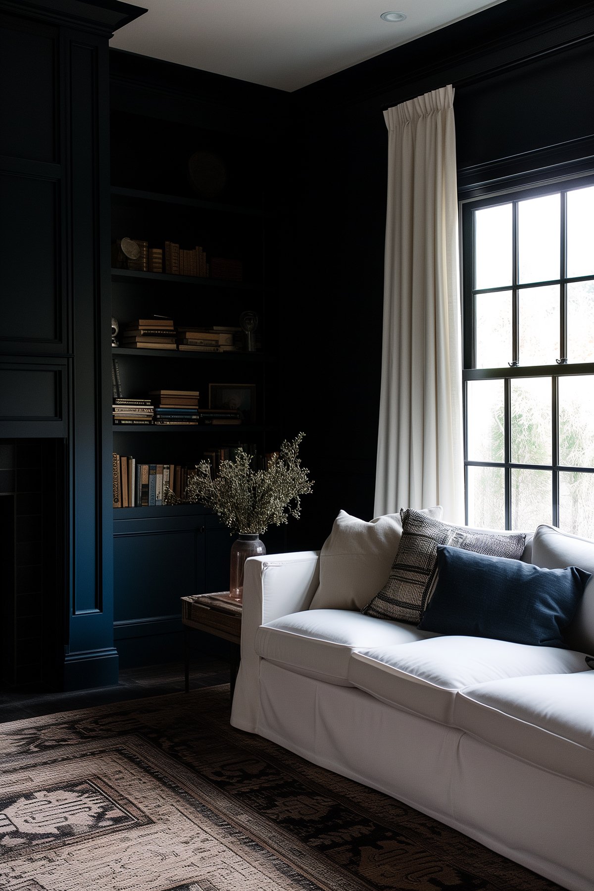 dark living room with navy blue walls and an off white couch. 