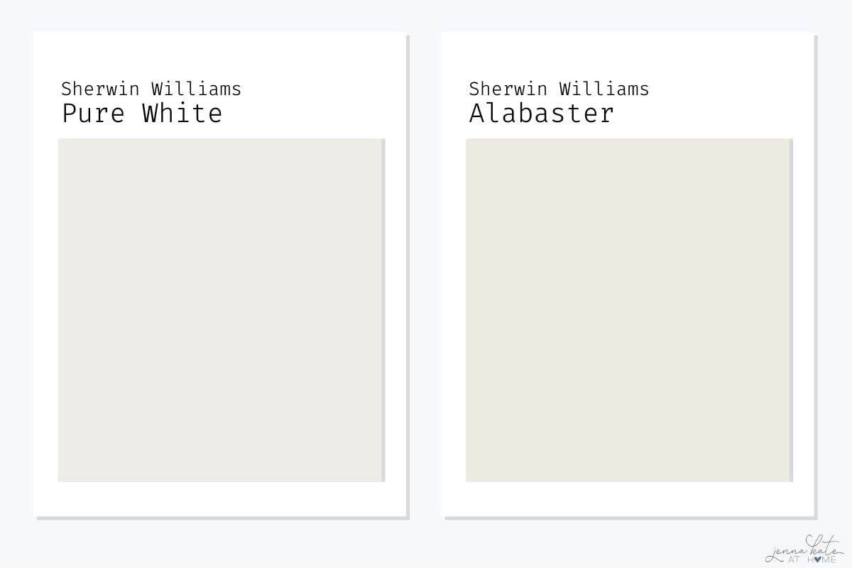 side by side swatch of Sherwin Williams Pure White and Alabaster.