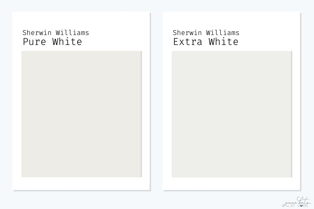 side by side swatch of Sherwin Williams Pure White and Extra White.