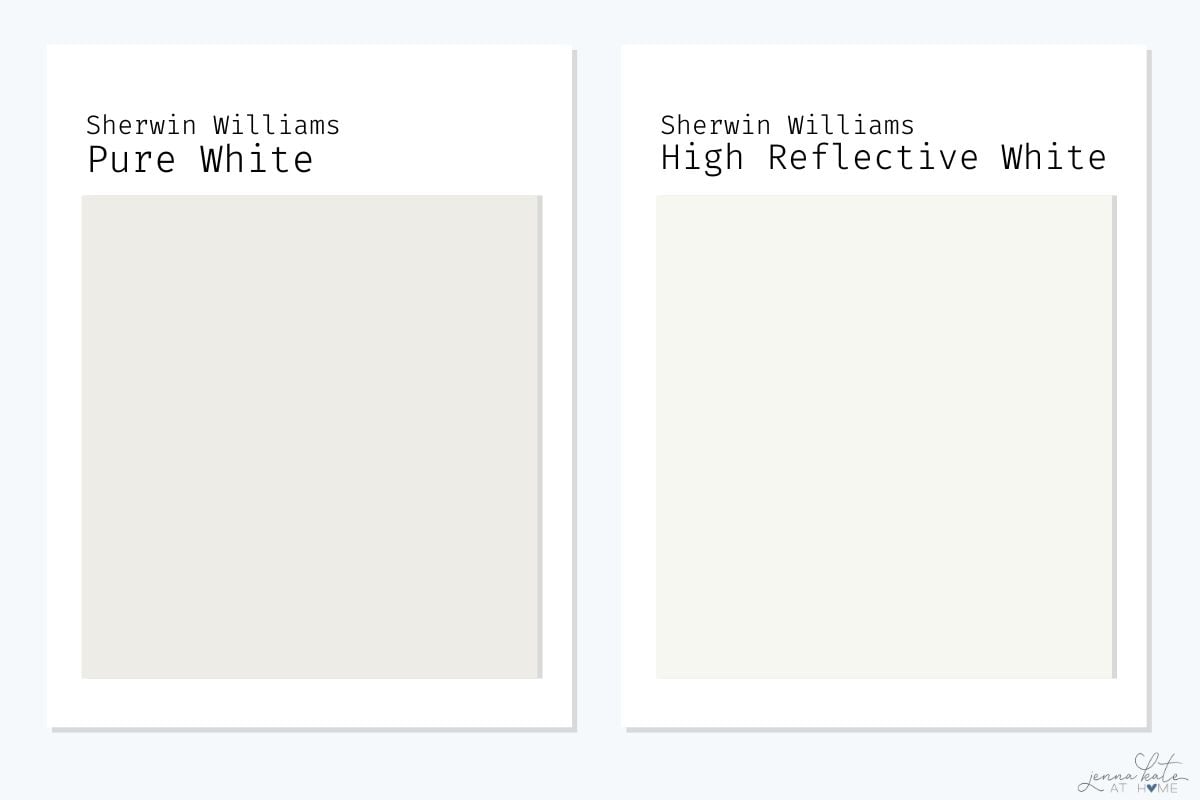 side by side swatch of Sherwin Williams Pure White and High Reflective White.