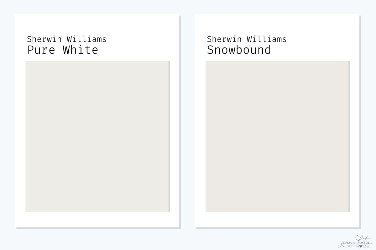 side by side swatch of Sherwin Williams Pure White and Snowbound.
