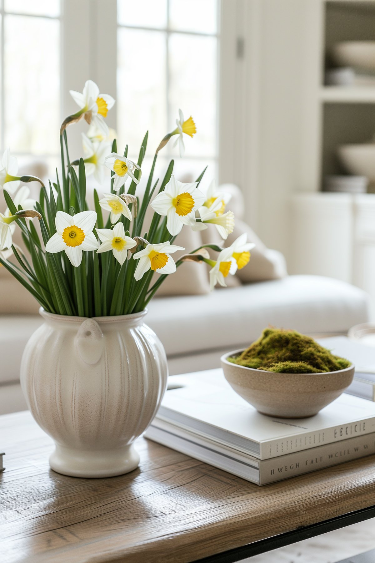 vase of daffodils on a coffee table next to a stack of books and bowl of moss.