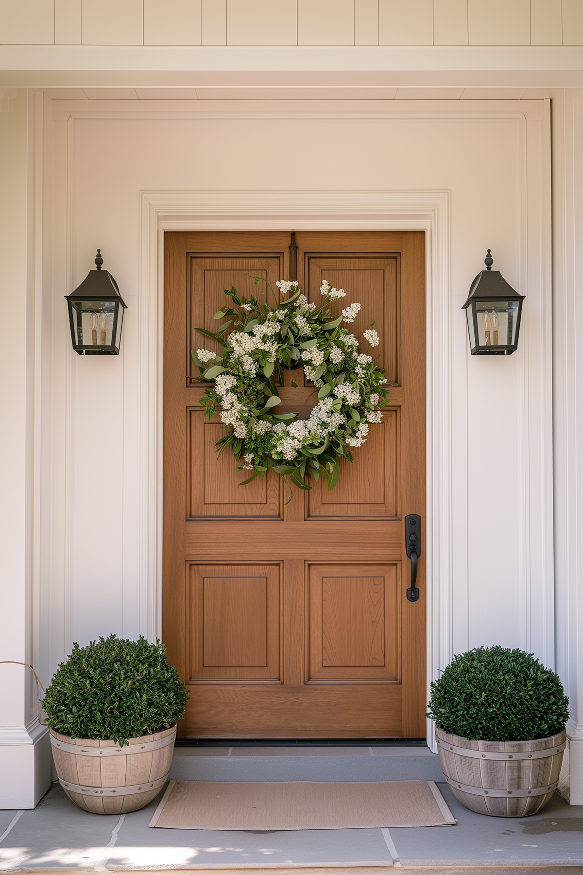 wooden front door with a spring wreath.