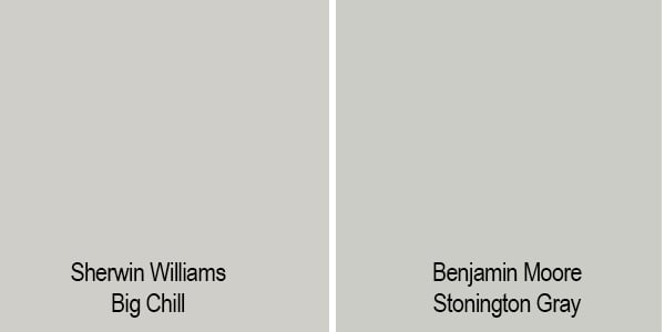 Sherwin Williams Big Chill side by side swatch with BM Stonington Gray.