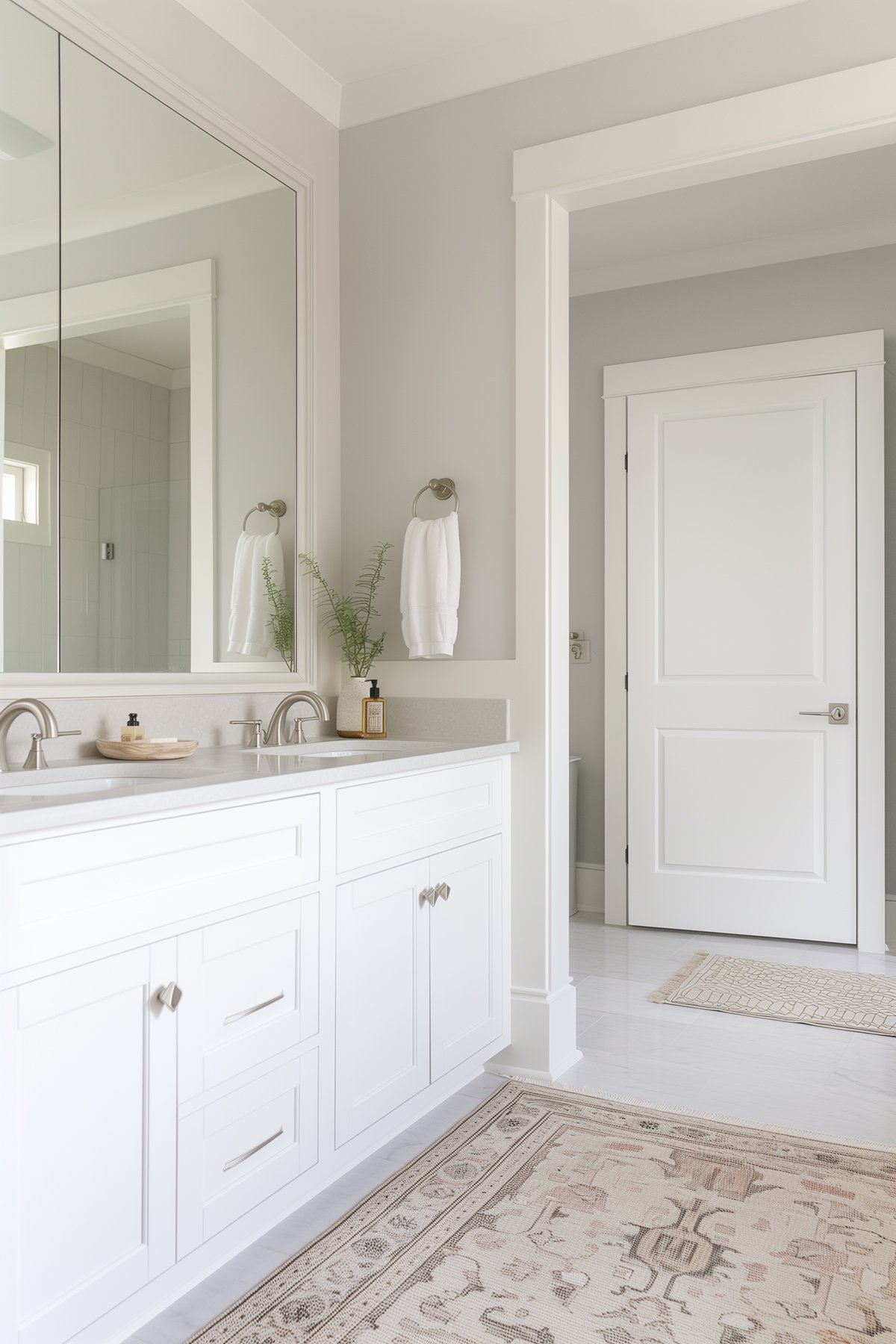 Bathroom walls painted Sherwin Williams Drift of Mist. The vanity is white with a light gray countertop and brushed nickel hardware.