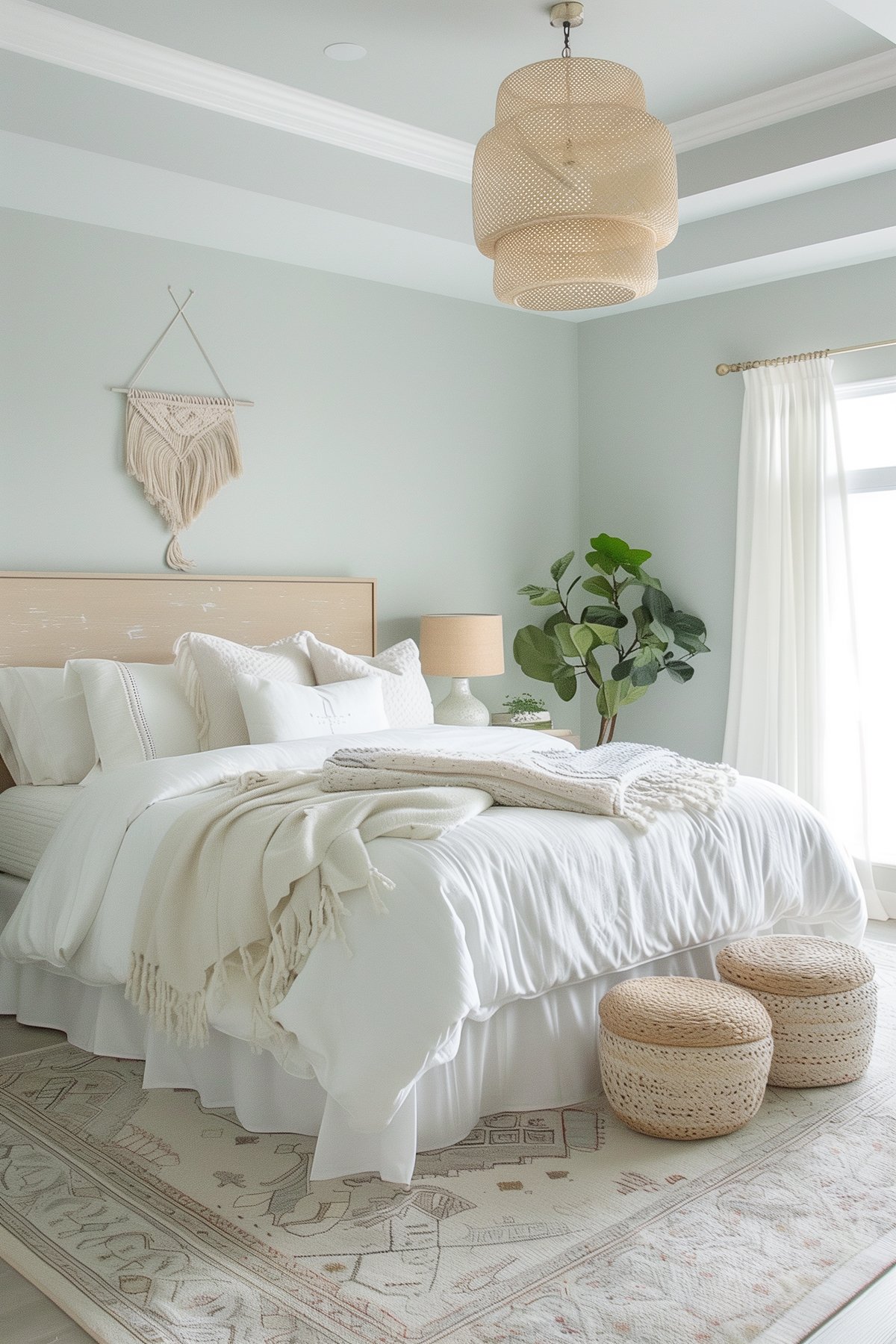 light and airy bedroom with SW Rainwashed walls, breezy curtains and white bedding.