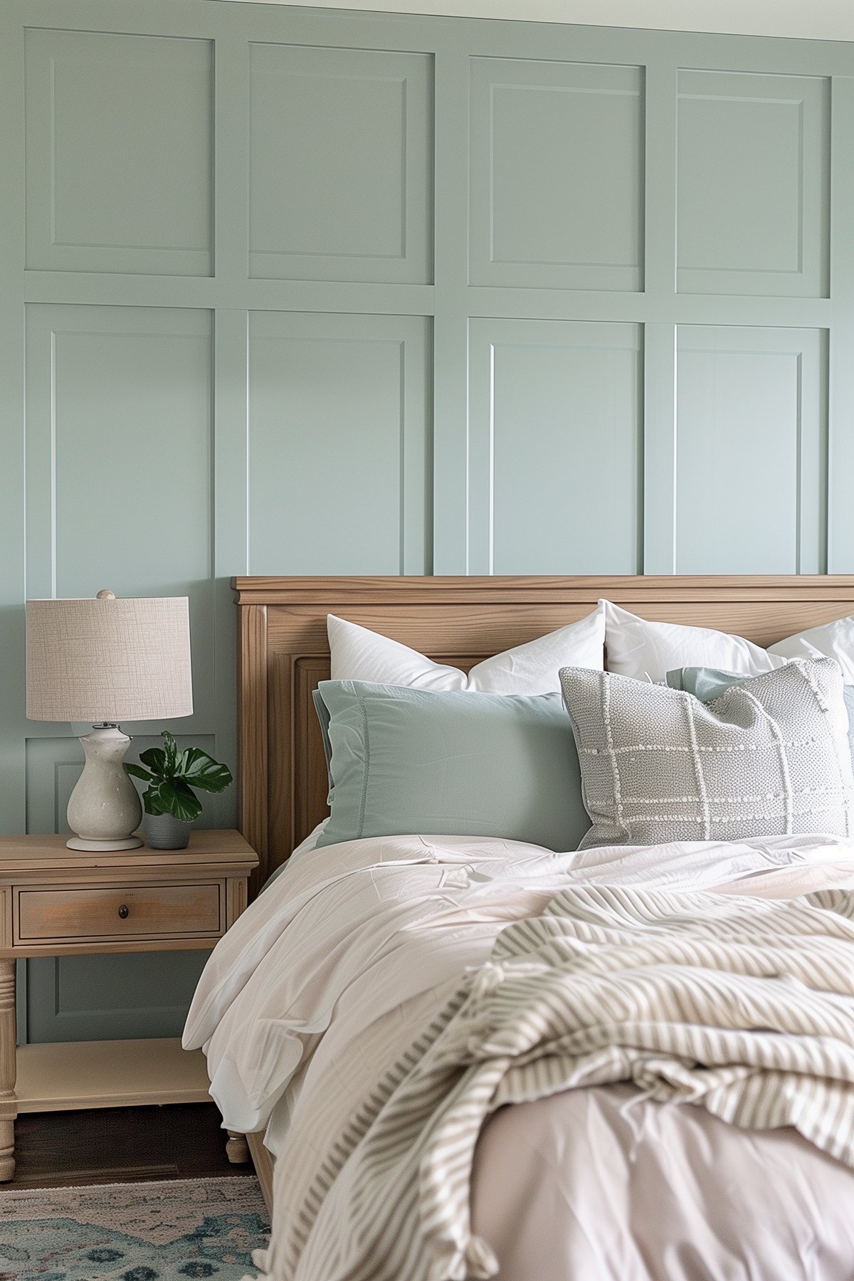 bedroom with SW Rainwashed wainscoting and a wooden bed and nightstand.