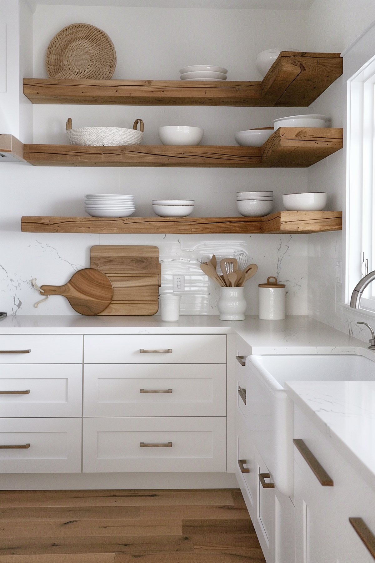 white kitchen with chunky wooden floating shelves.