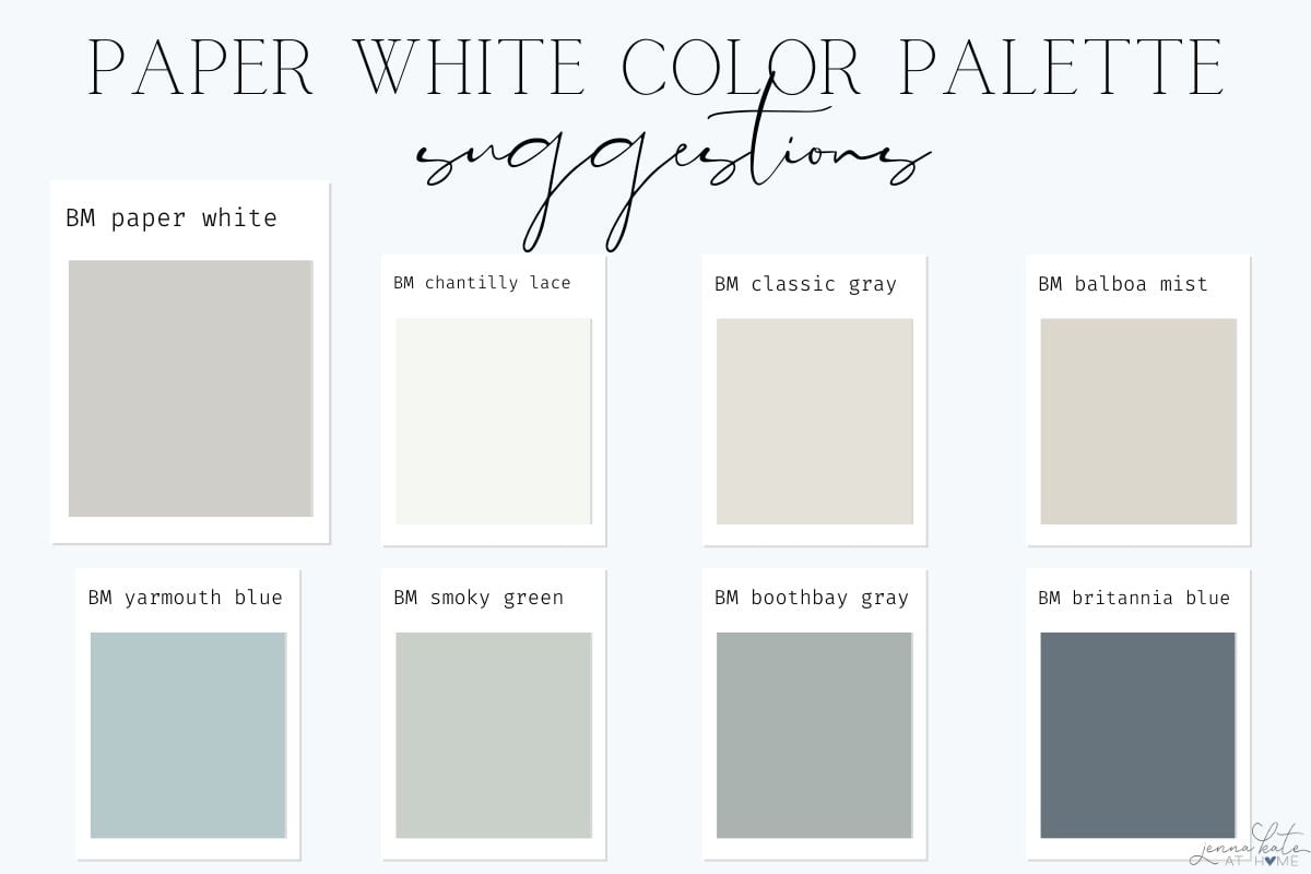 Paper White coordinating color palete featuring chantilly lace, classic gray, balboa mist, yarmouth blue, smoky green and boothbay gray.