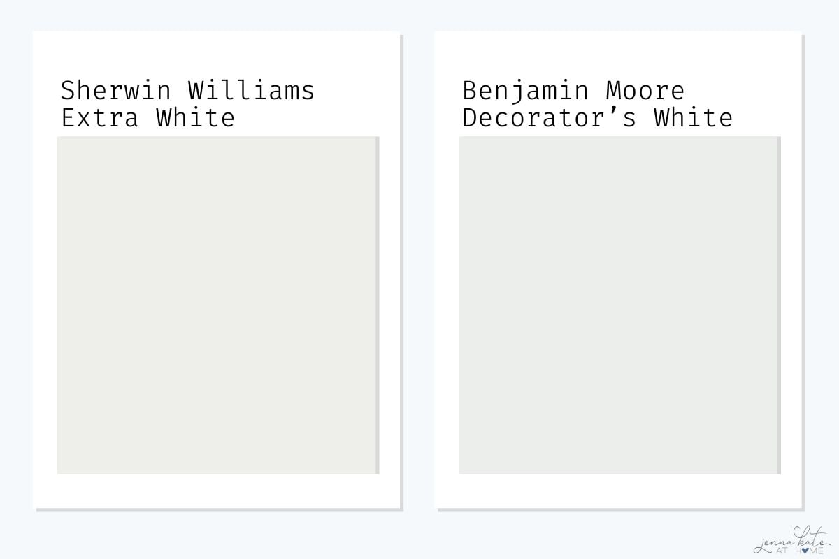 sherwin williams extra white versus benjamin moore decorator's white color swatches.