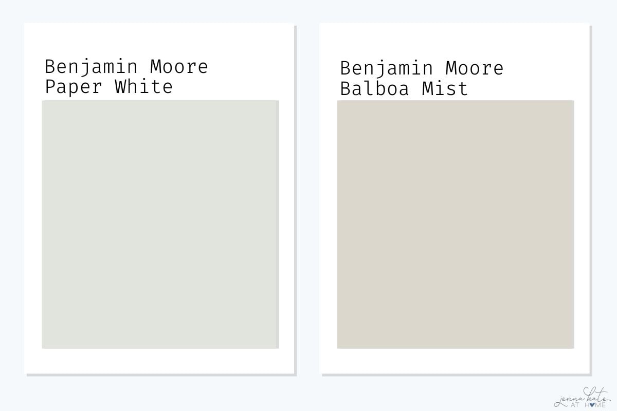 Side by side swatches of benjamin moore paper white and balboa mist.