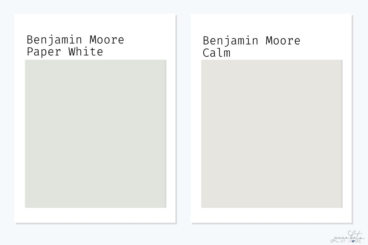 Side by side swatches of benjamin moore paper white and calm.