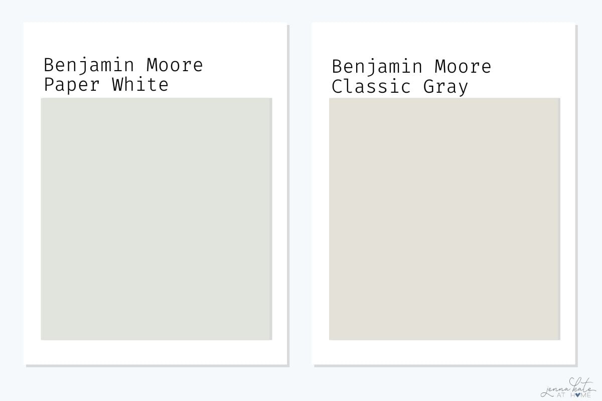 Side by side swatches of benjamin moore paper white and classic gray.