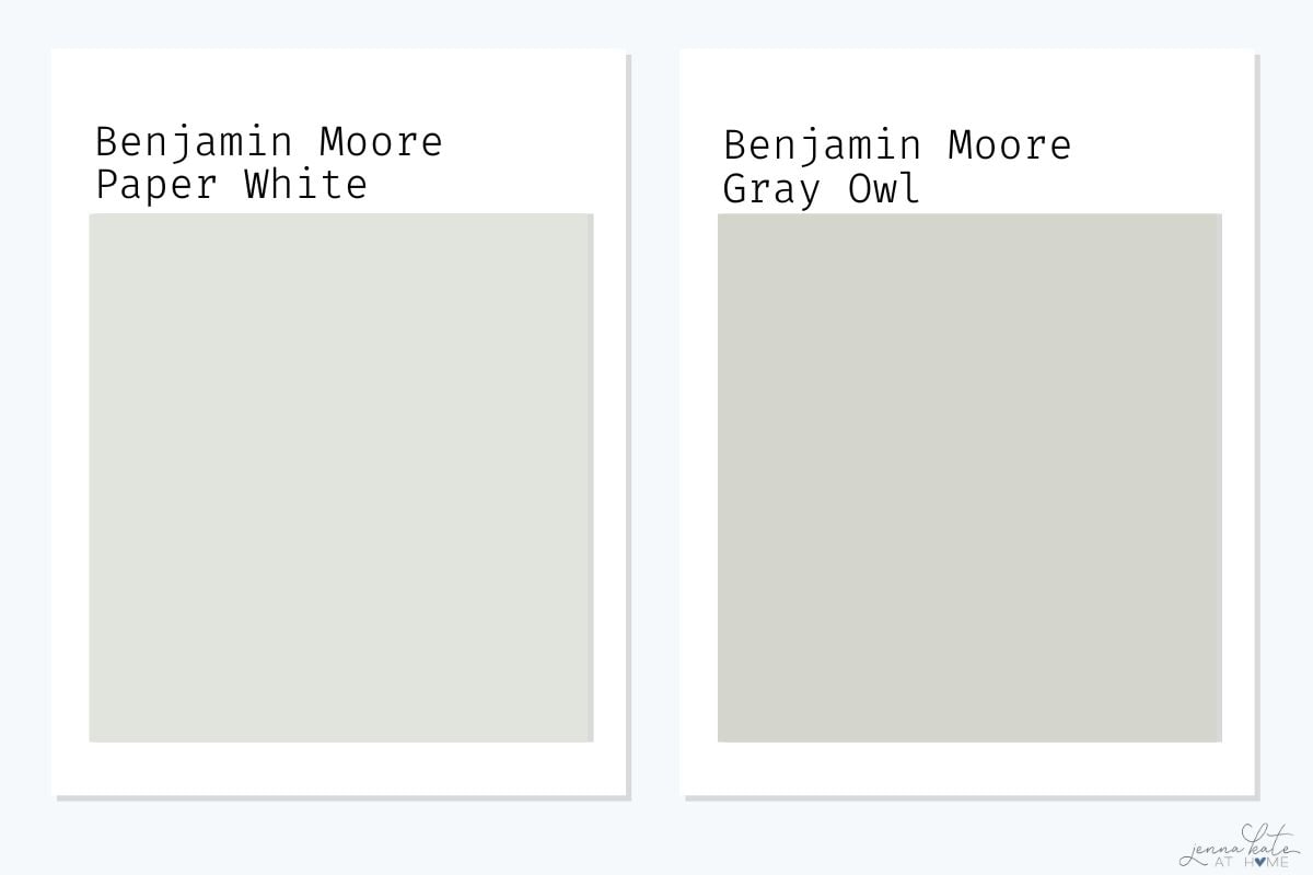 Side by side swatches of benjamin moore paper white and gray owl.