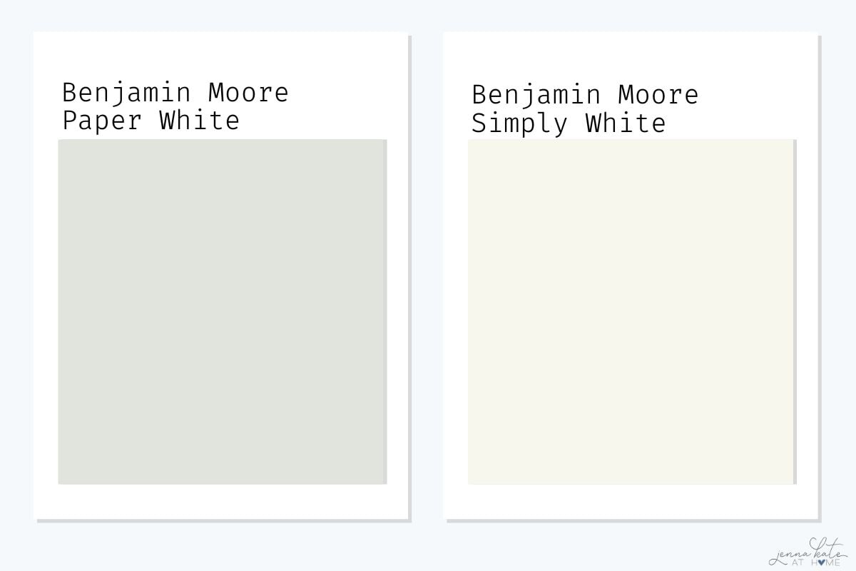 Side by side swatches of benjamin moore paper white and simply white.