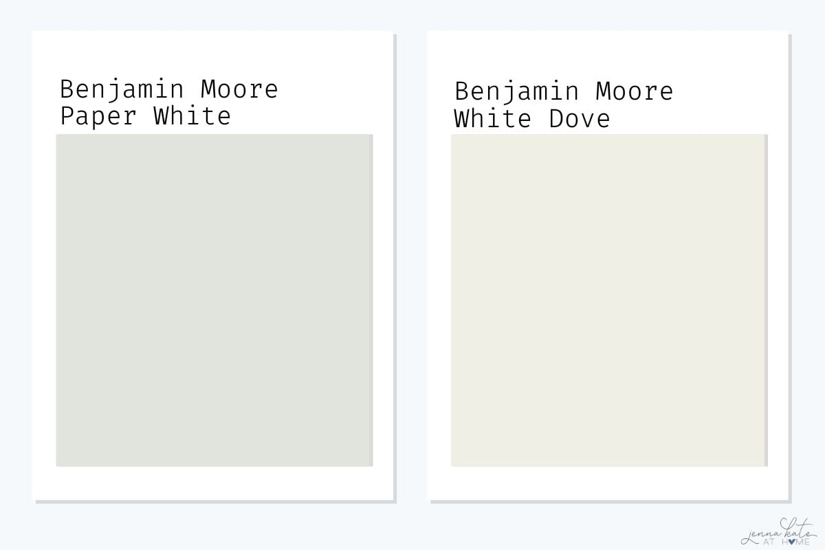Side by side swatches of benjamin moore paper white and white dove.