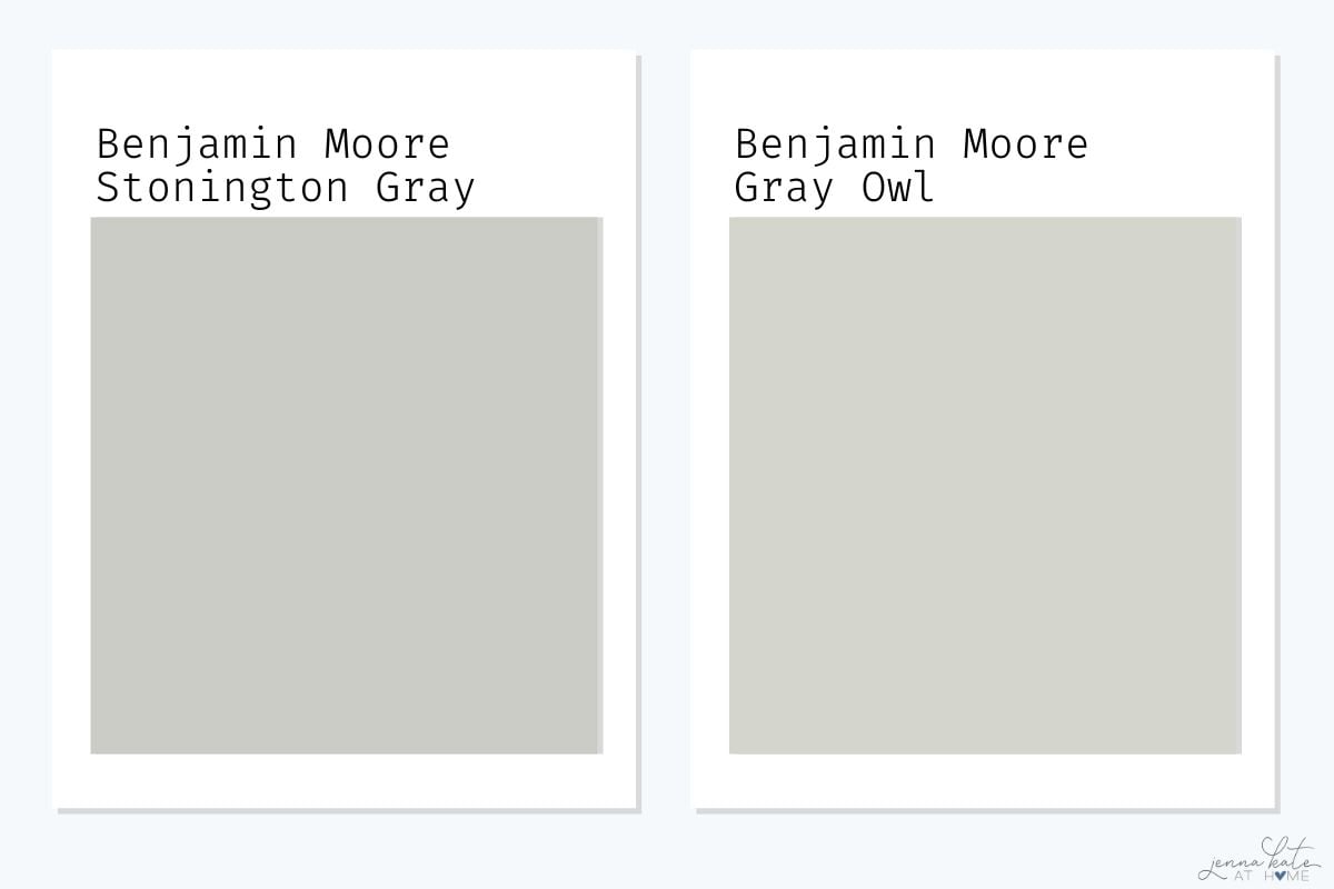 side by side comparison of Benjamin Moore Stonington Gray and Benjamin Moore Gray Owl paint colors.