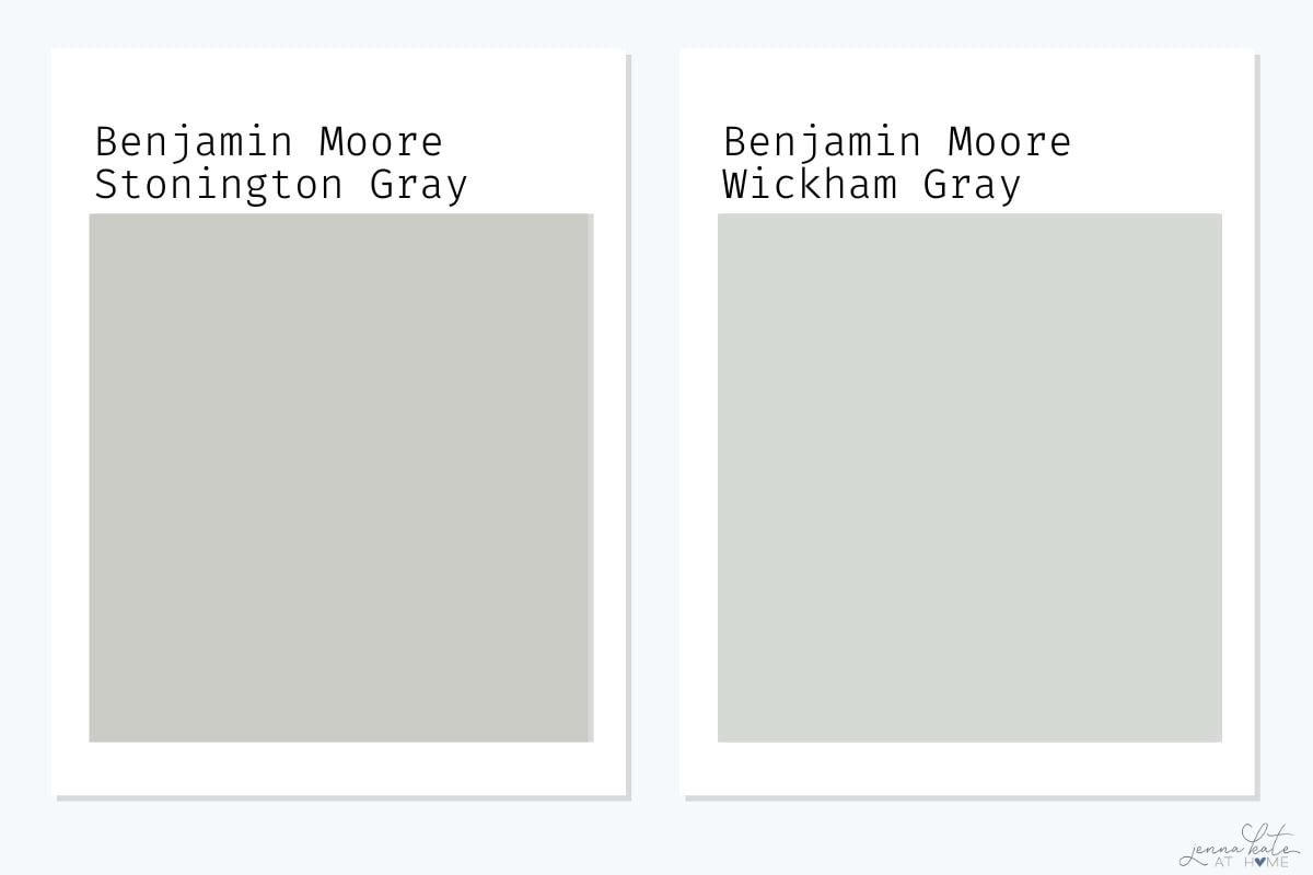 side by side comparison of Benjamin Moore Stonington Gray and Benjamin Moore Wickham Gray paint colors.