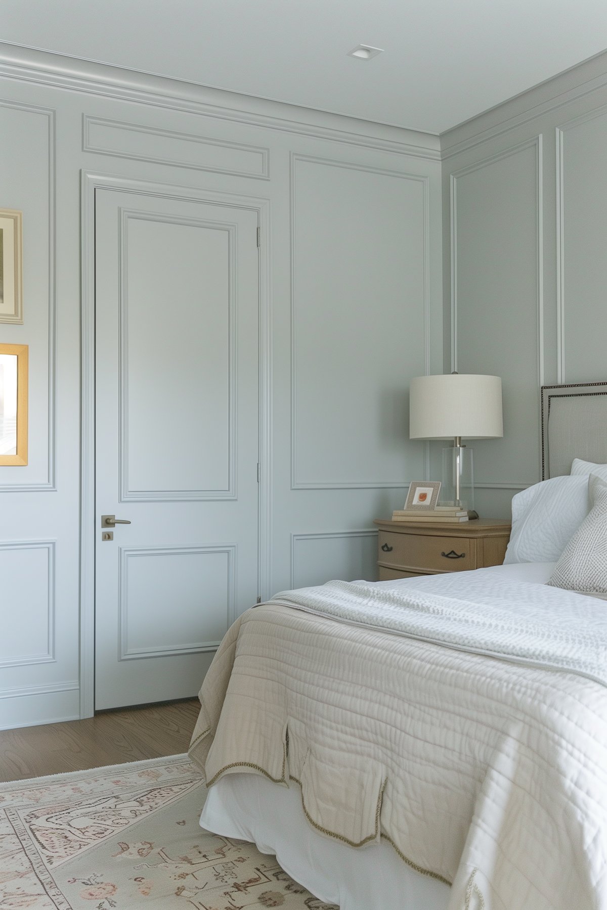 A color drenched bedroom painted Benjamin Moore Boothbay Gray.