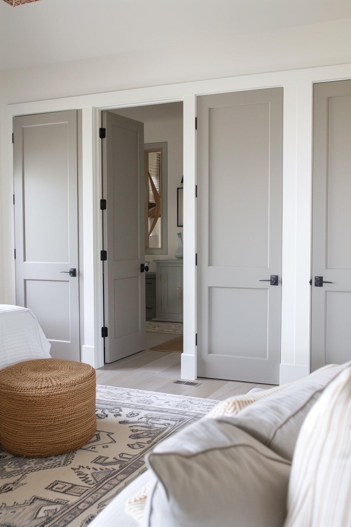 A bedroom with light gray walls and closet and bathroom doors painted Benjamin Moore Stone Hearth.
