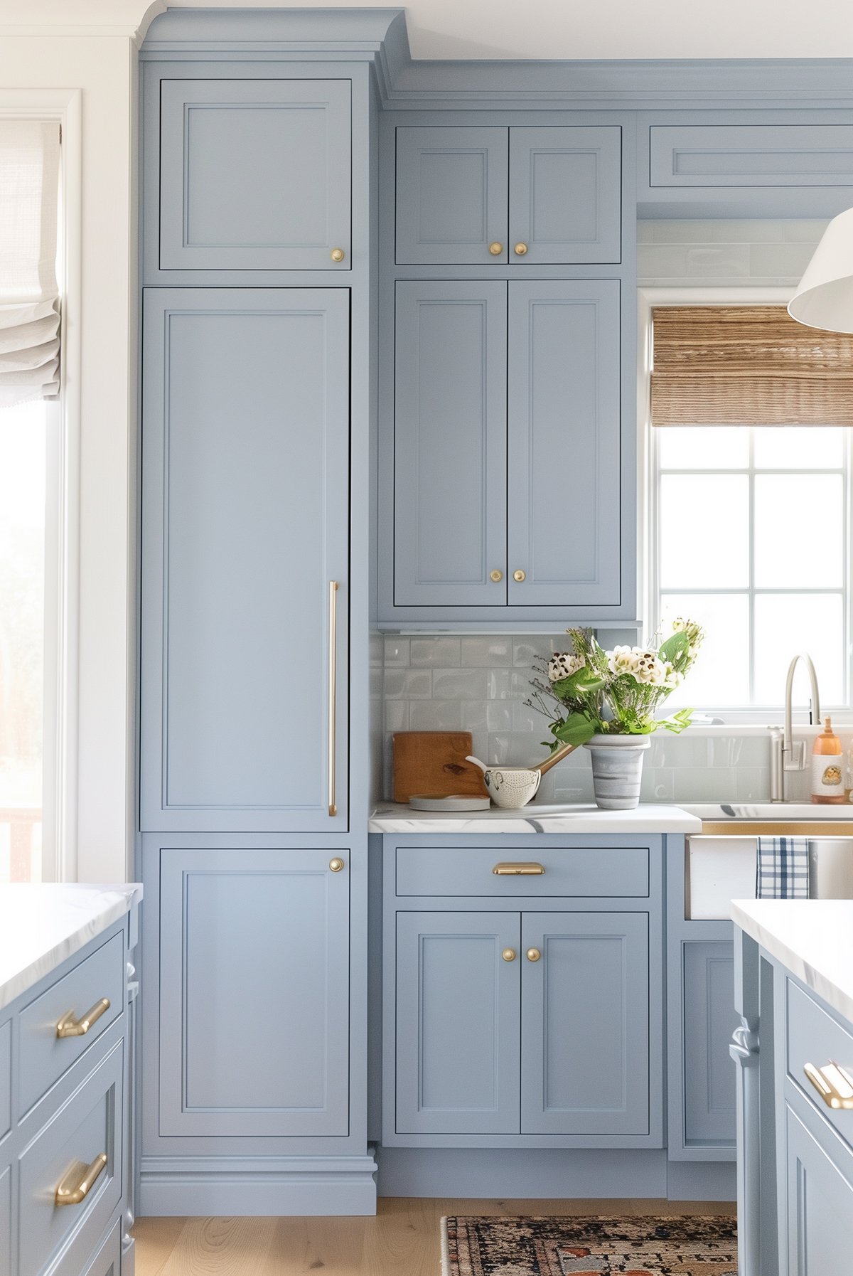 kitchen with periwinkle blue cabinets.