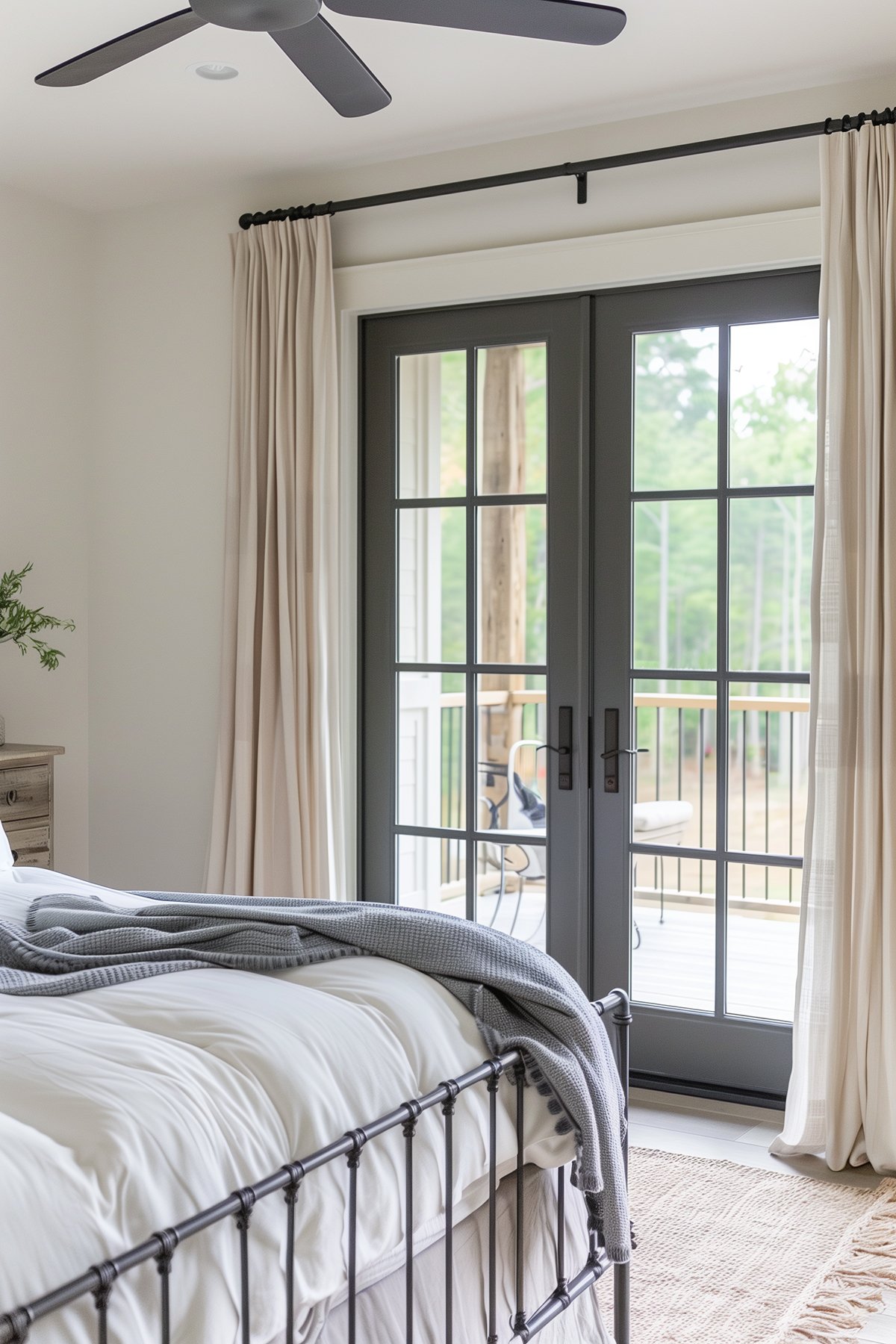 bedroom with a black iron bed and french doors painted Benjamin Moore Kendall Charcoal that lead to a balcony.