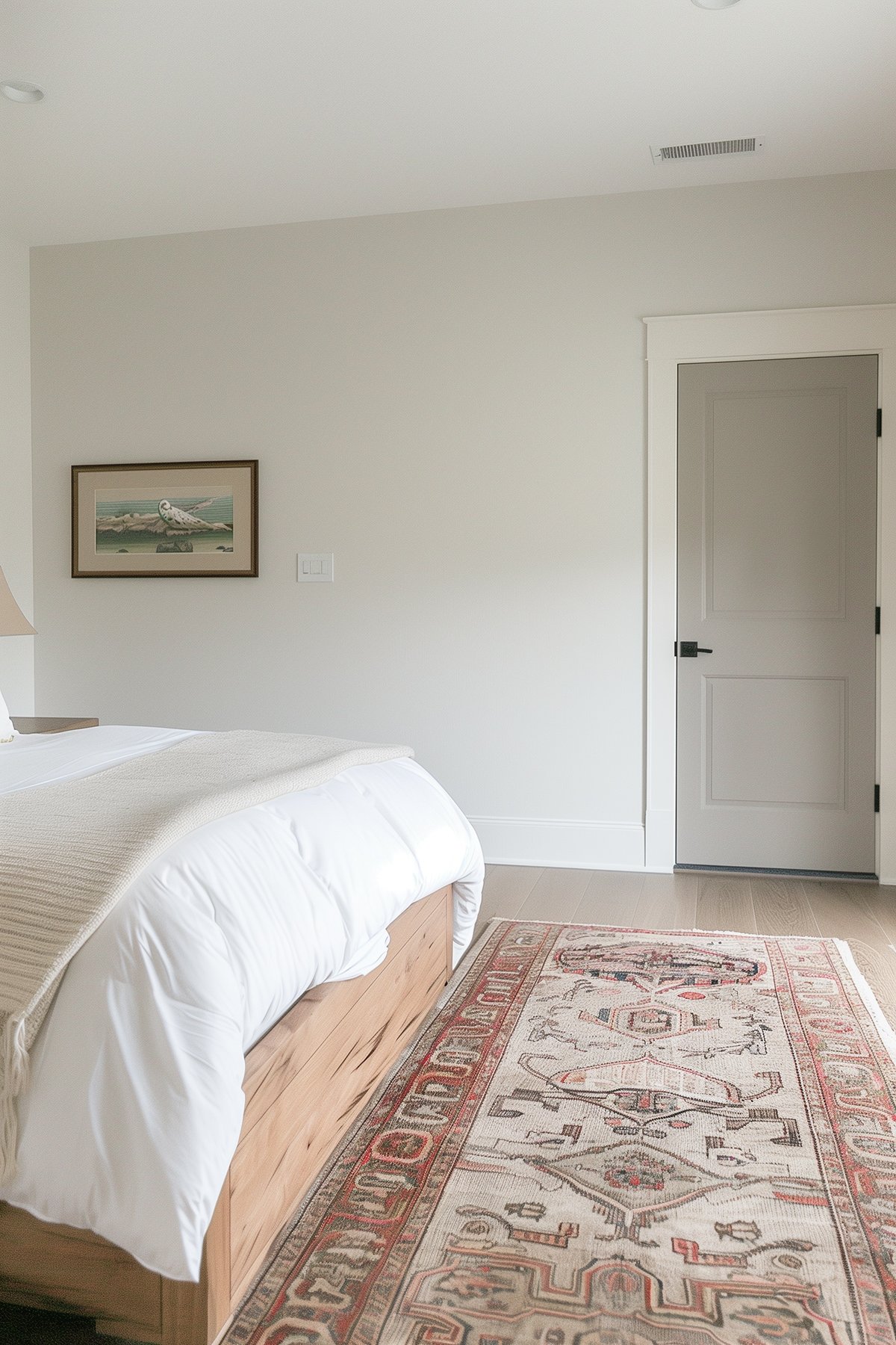 bedroom with a greige paint door and light gray walls.
