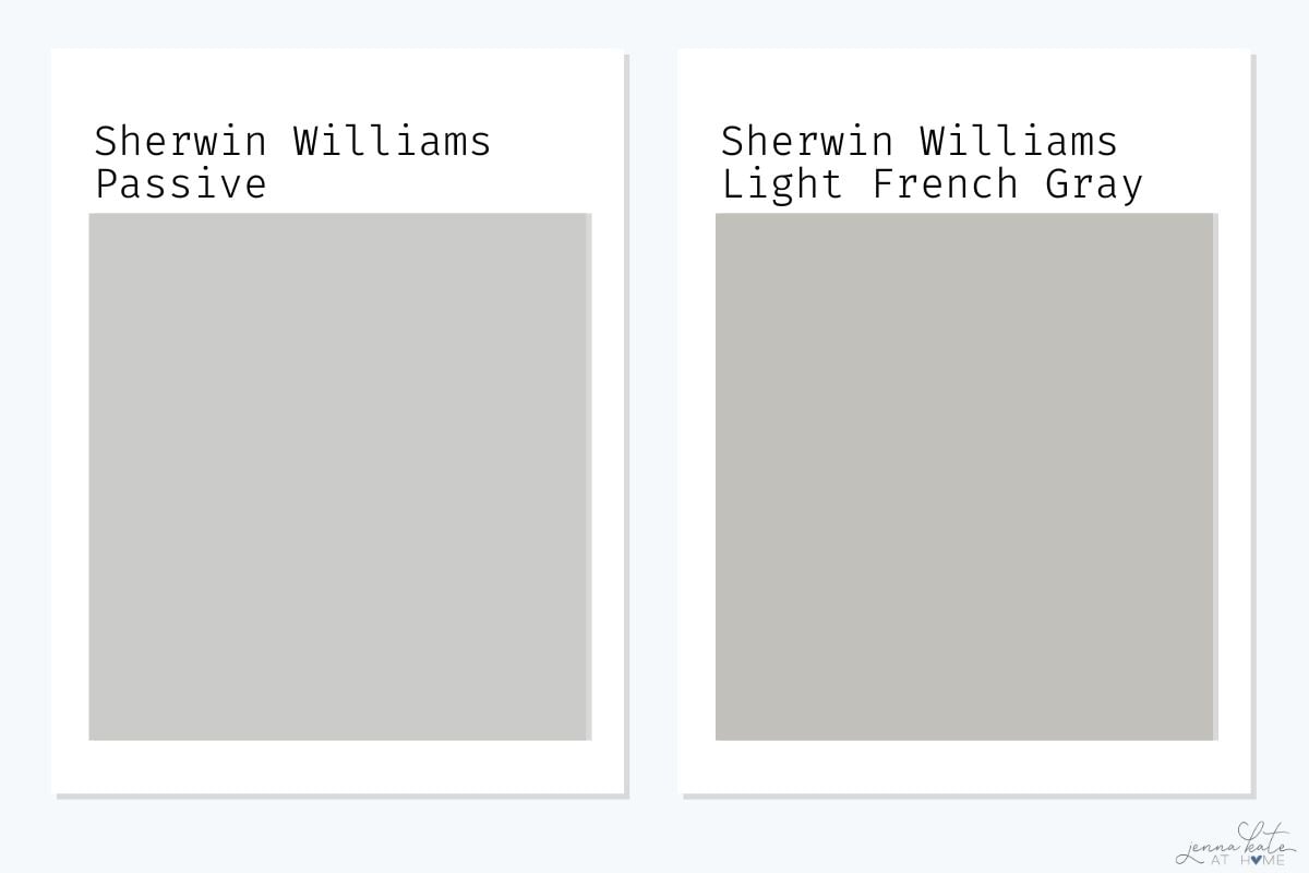 side by side swatches of sherwin williams passive and light french gray.