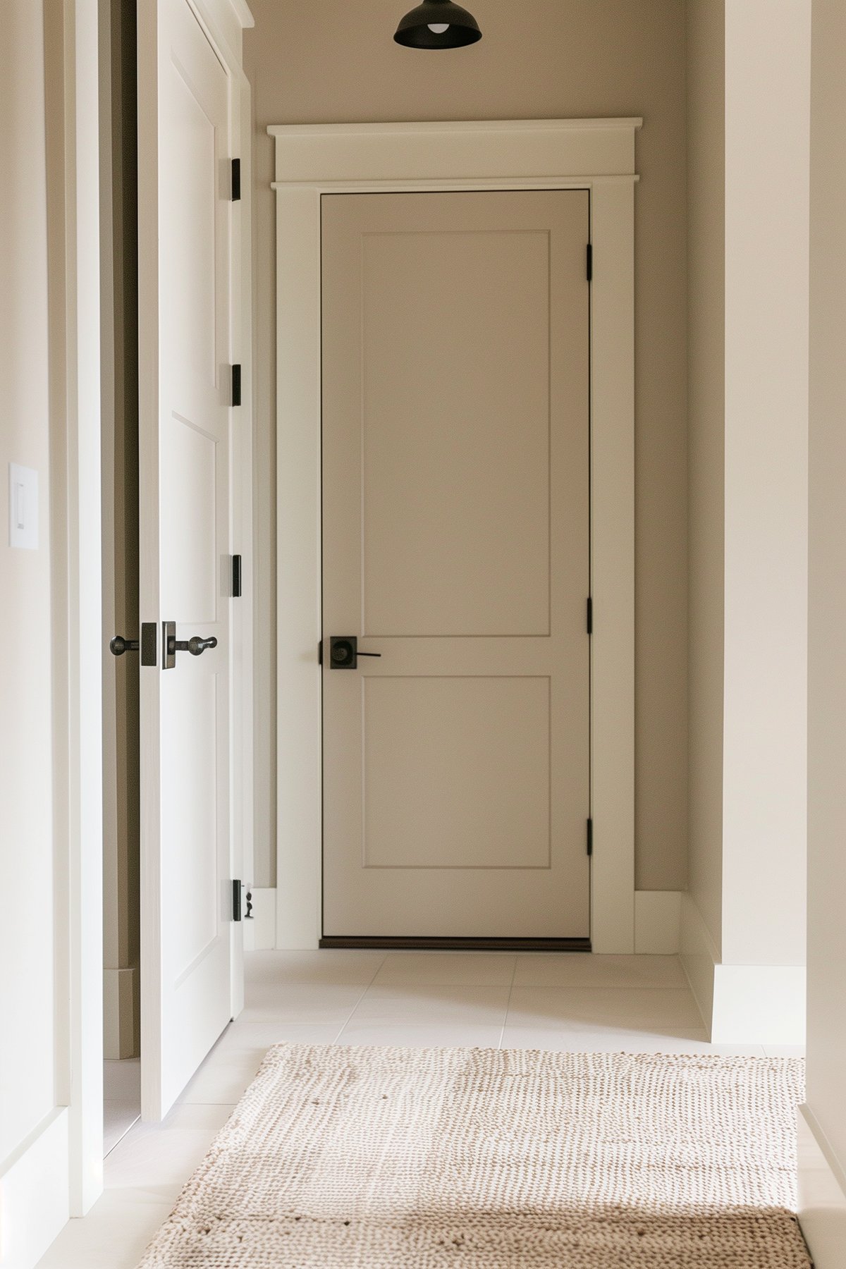 Hallway with a door painted Sherwin Williams Accessible Beige with black hardware.