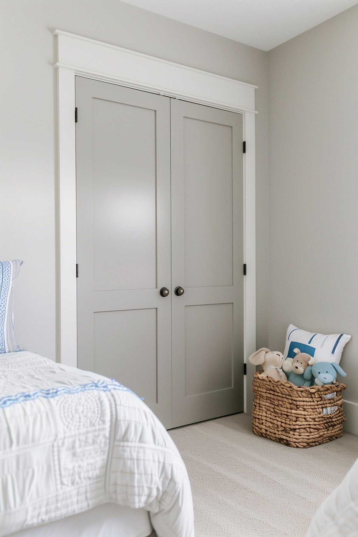 Kid's bedroom with double closet doors painted Sherwin WIlliams Agreeable Gray.