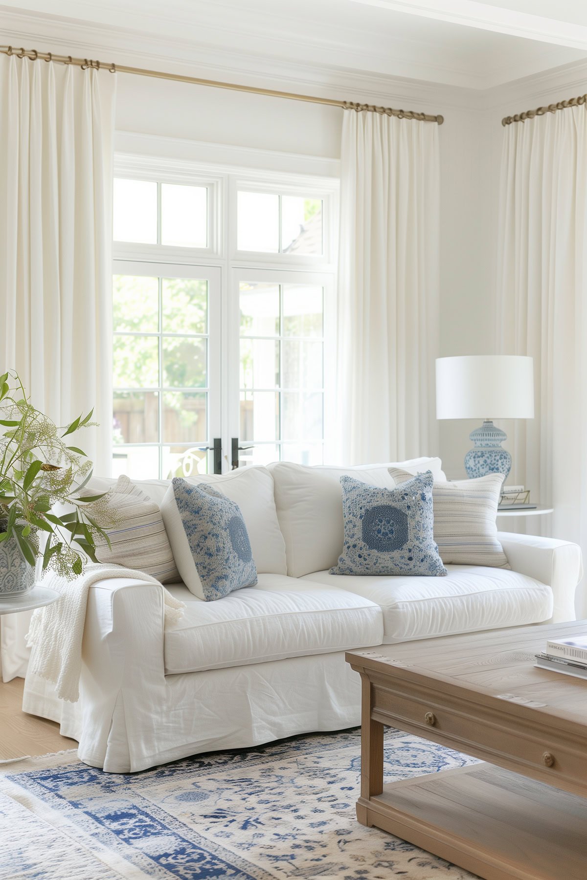 Living room with a white sofa and walls painted Sherwin Williams Crushed Ice, a neutral greige paint color.