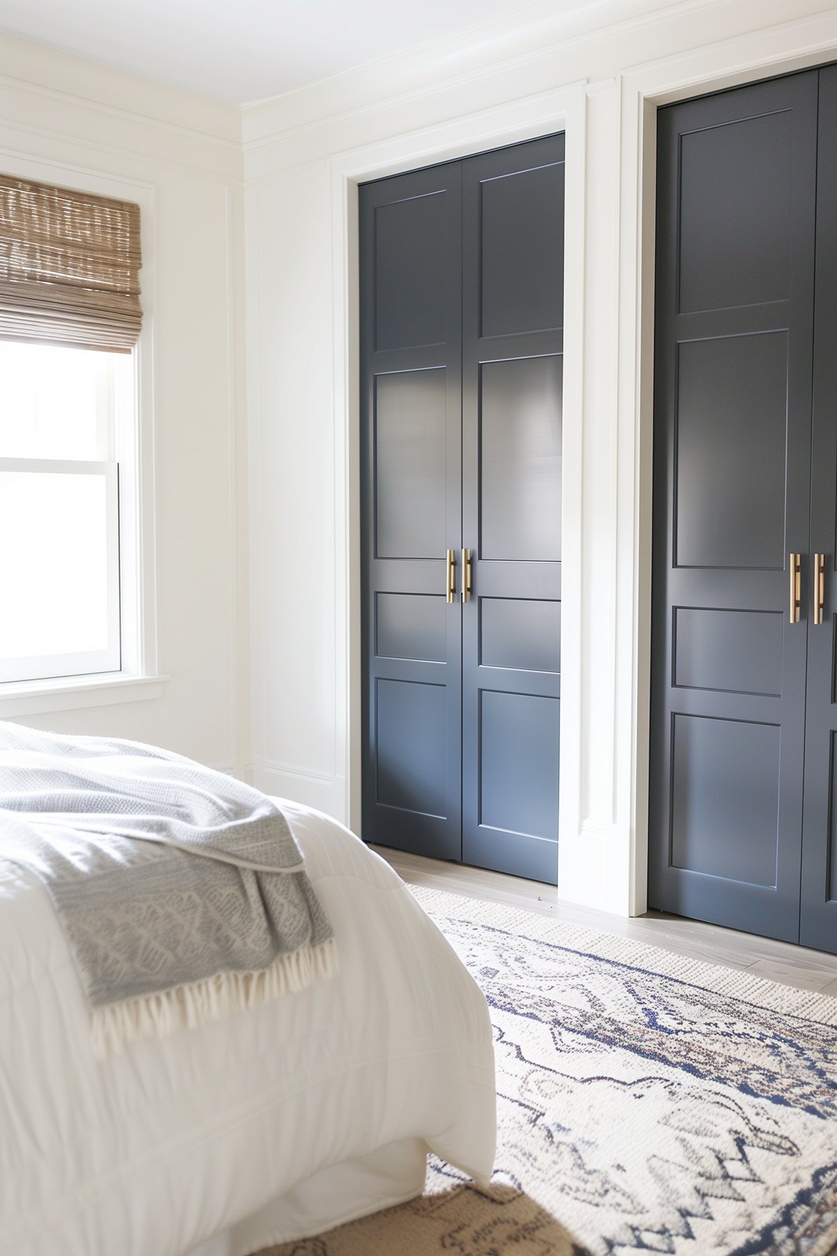 A bedroom with closet doors painted Sherwin Williams Naval.