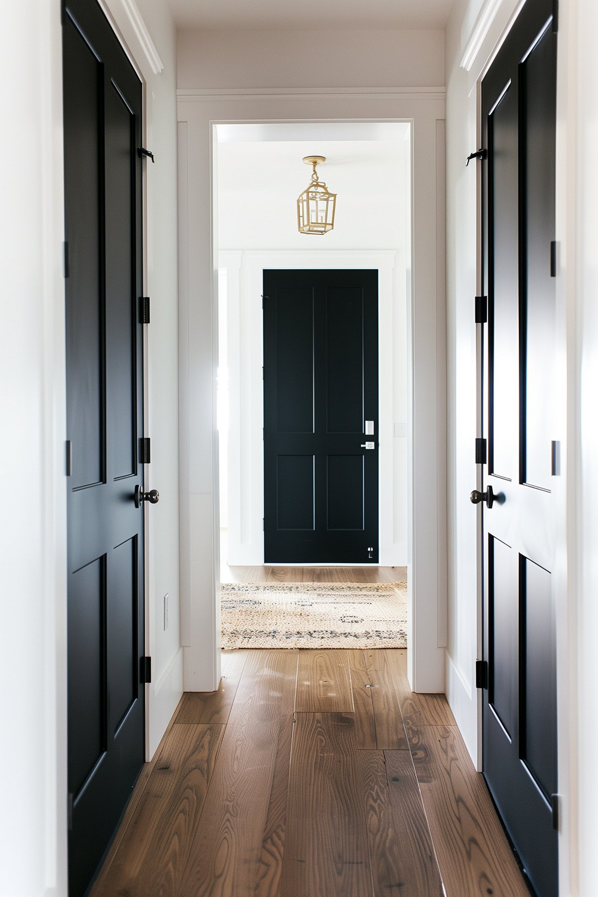 A hallway with doors painted Sherwin Williams Tricorn Black. 