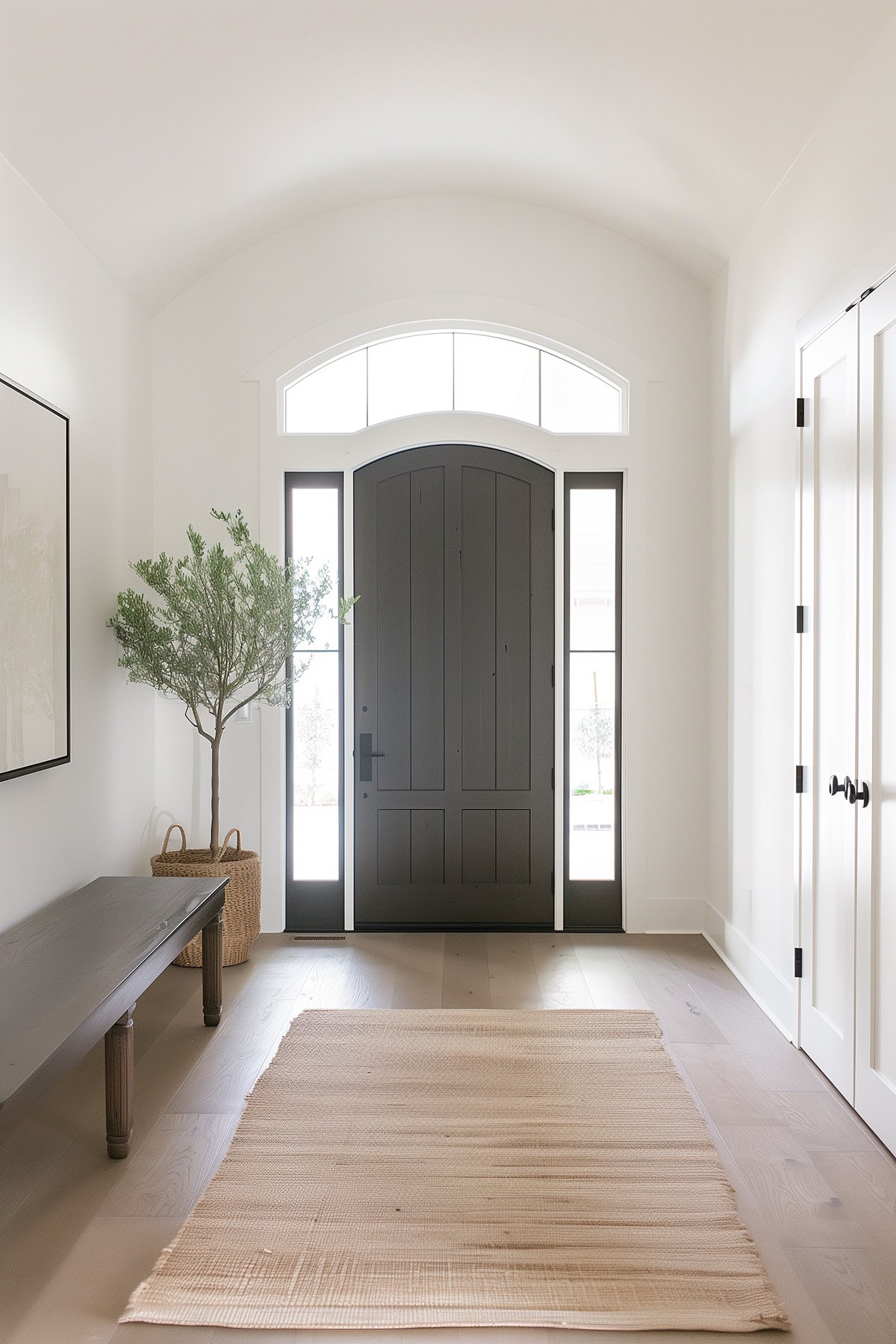 Large entryway with white walls, a wooden bench and a front door painted Sherwin Williams Urbane Bronze on the interior side.