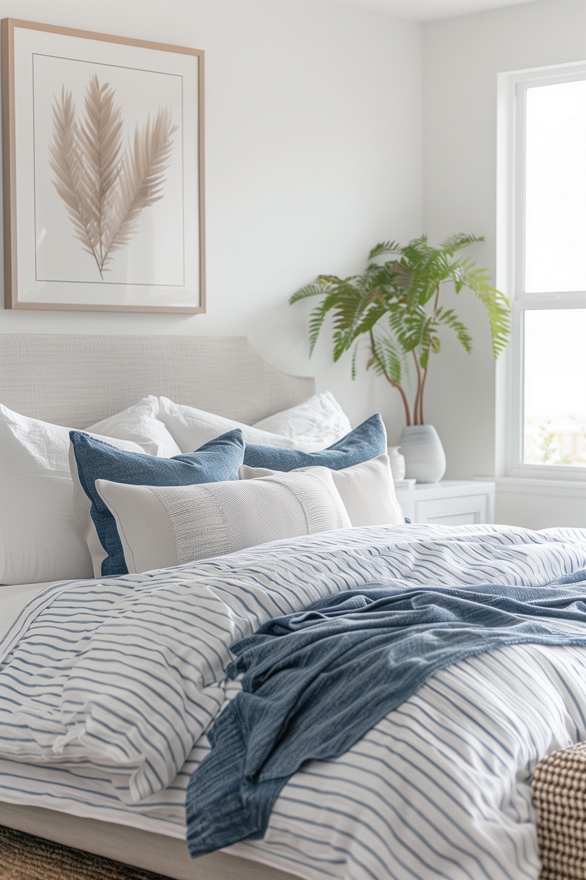 striped bedding on a bed with a blue throw on the end of the bed.